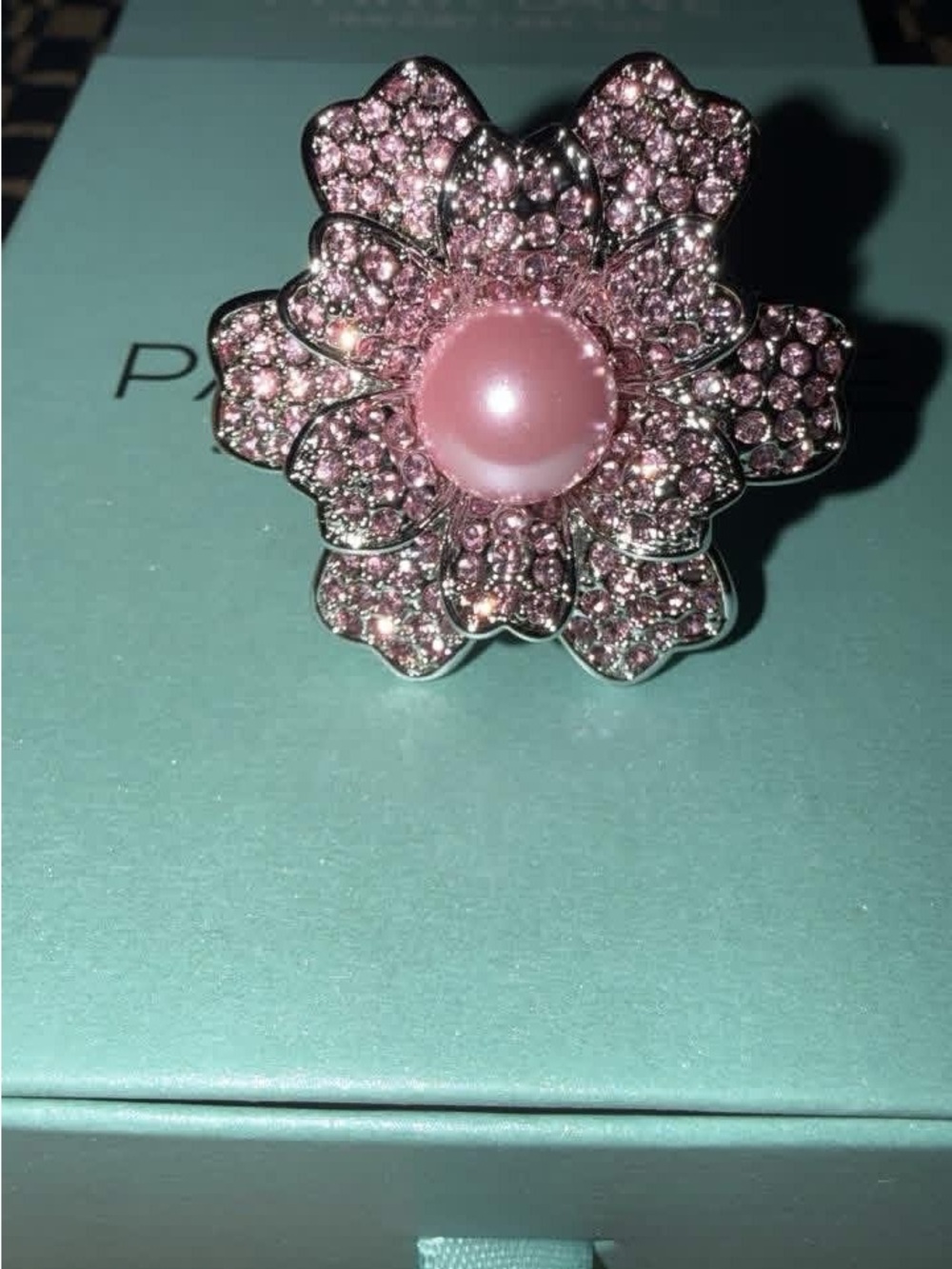 Park Lane Pink Flower Cocktail Ring with Pearl Center
